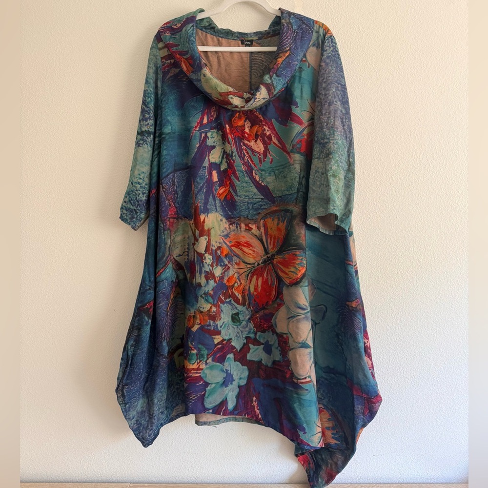 Asymmetrical Floral Teal Swing Dress with Cowl Neck